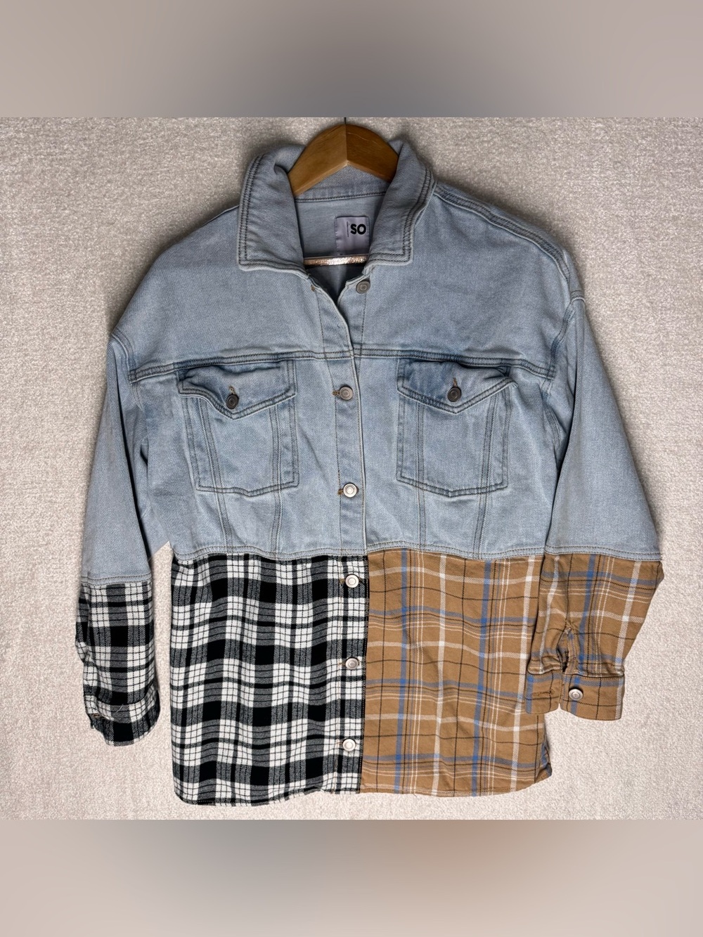 SO Women's Cropped Denim Shirt M Blue Plaid Patchwork Button Down Mixed Fabric